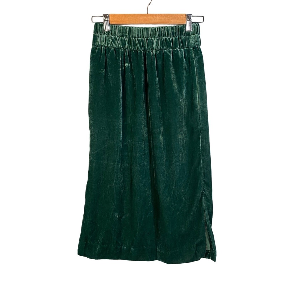 J Crew Velvet Midi Skirt Emerald Green Elastic Waist XXS Holiday‎ Indie Luxe